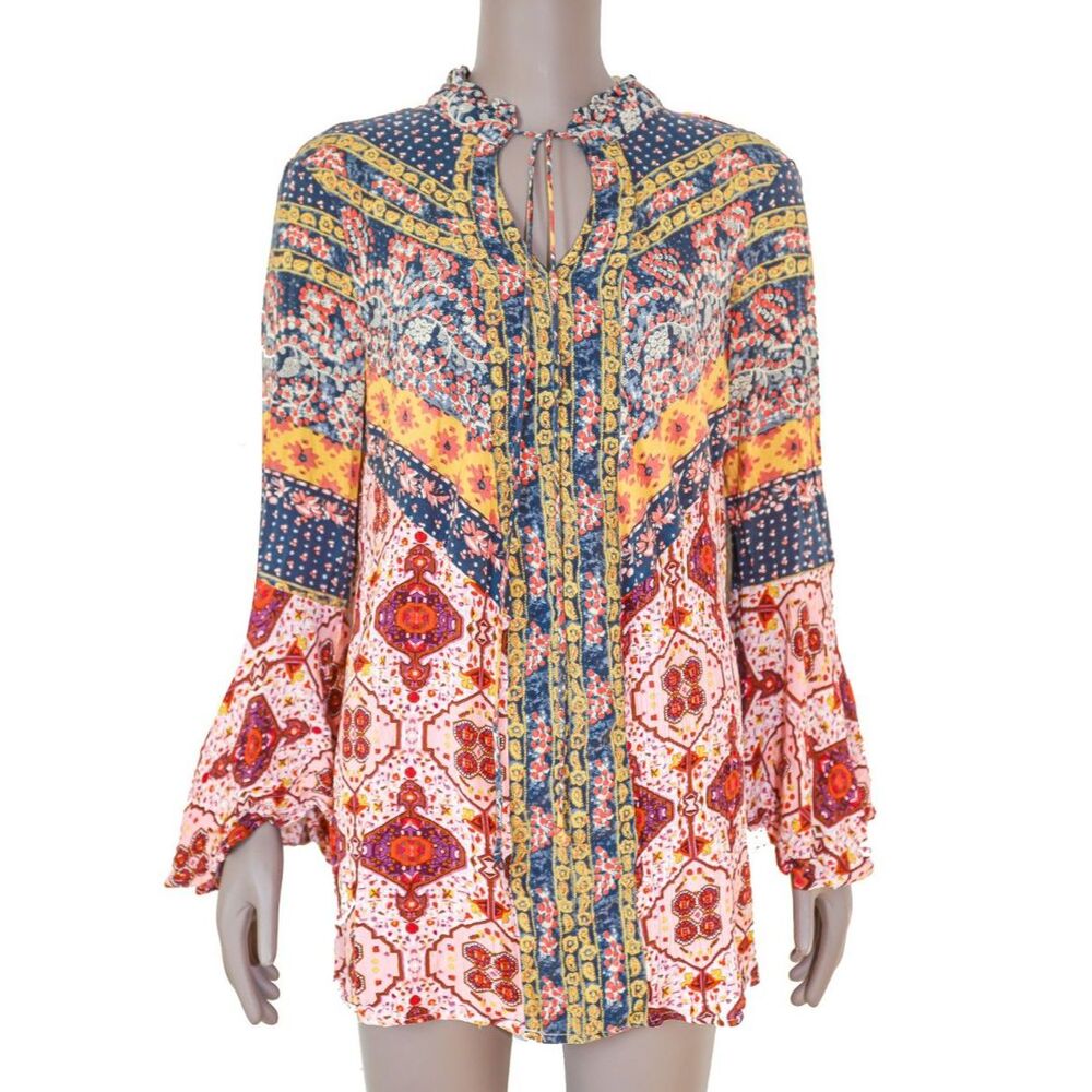 UmGee Boho Mixed Print Bell Sleeve Tunic Blouse Small